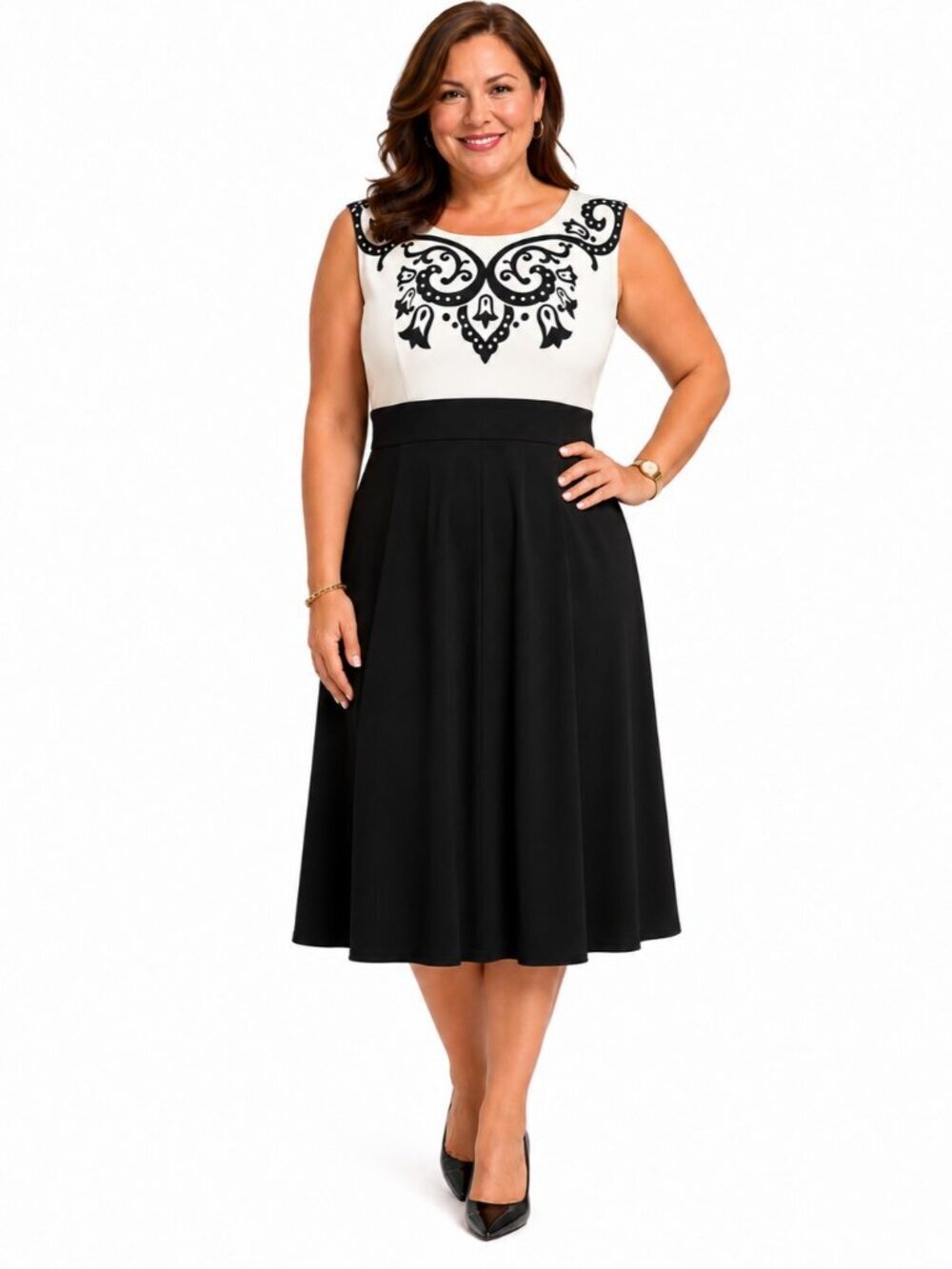 DressBarn Black White Printed Bodice Sleeveless Dress